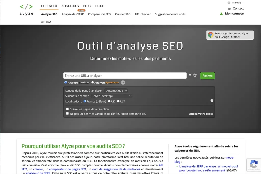 Alyze : outil d’analyse SEO des pages Web de votre site Internet pour améliorer le référencement naturel SEO de votre site
